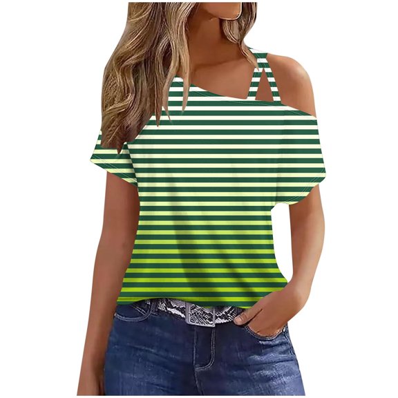Scyoekwg Womens Short Sleeve Blouses Slant Shoulder Camisole Tops Lightweight Loose Trendy Shirts Stripe Print Blouses (Green,XXL)