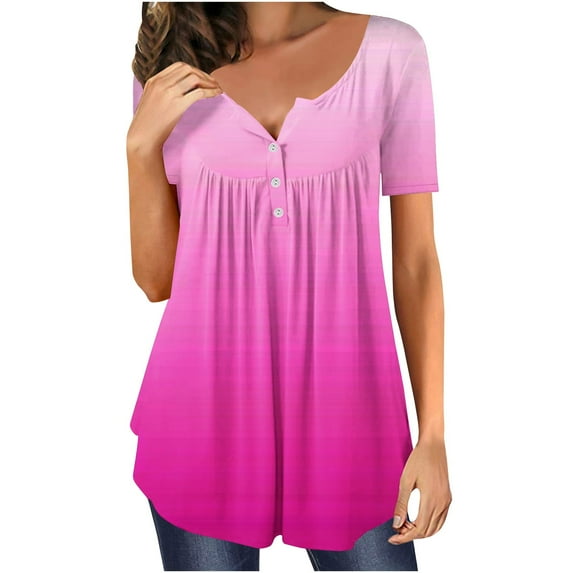 Scyoekwg Womens Short Sleeve Hide Belly Tunic Shirts Casual Dressy Round Neck Pleated Tshirt Gradient Color Loose Blouses (#C=Hot Pink,XL)