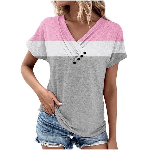 Scyoekwg Womens Short Sleeve Shirts Button V Neck Tshirt Lightweight Loose Dressy Casual Blouses Trendy Color Block Patchwork Blouses (Gray,L)
