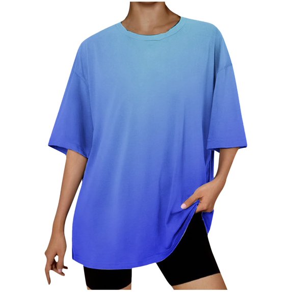 Scyoekwg Womens Short Sleeve Shirts Round Neck Oversized Tee Lightweight Dressy Casual Blouses Loose Trendy Gradient Color Blouses (Blue,L)