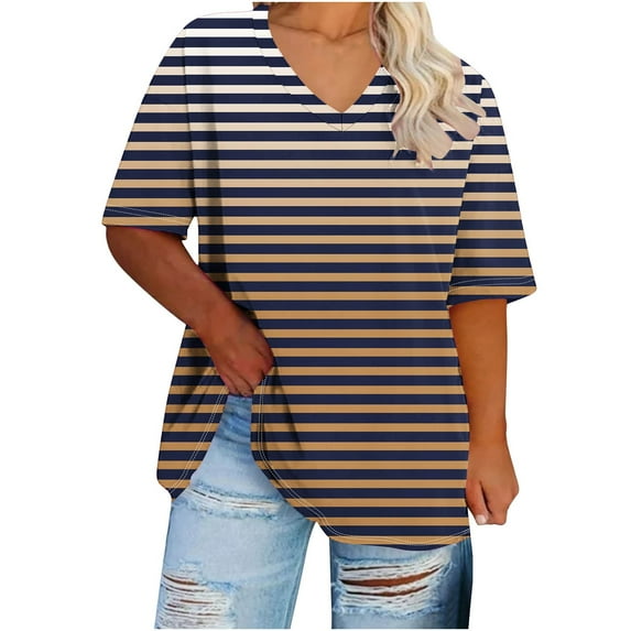 Scyoekwg Womens Short Sleeve Shirts Round Neck Oversized Tee Stripe Print Shirts Lightweight Loose Trendy Blouses (Khaki,XXL)