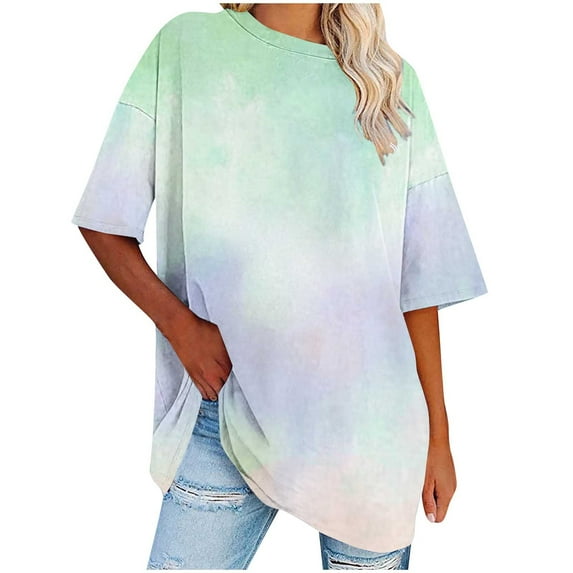 Scyoekwg Womens Short Sleeve Shirts Clearance Round Neck Oversized Tee Trendy Lightweight Comfy Loose Gradient Color Blouses (Green,XXL)