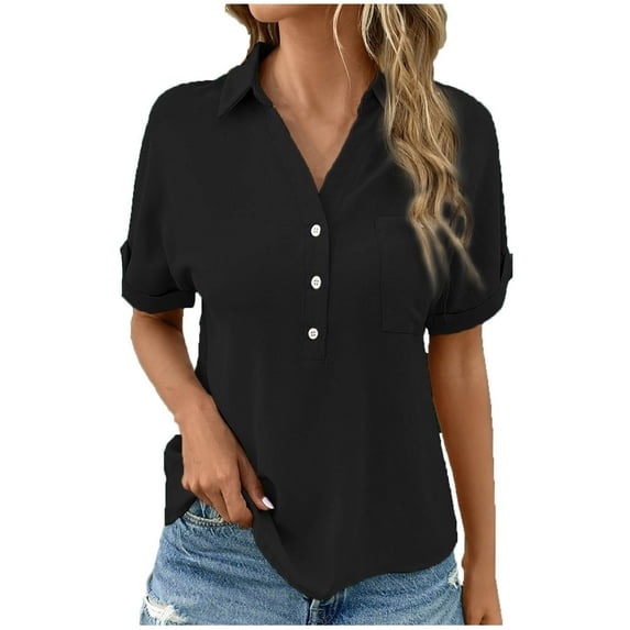 Scyoekwg Womens Short Sleeve Shirts Turndown Collar Button Pocket Tops Dressy Casual Blouses Solid Color Trendy Shirts Loose Lightweight Blouses (Black,L)
