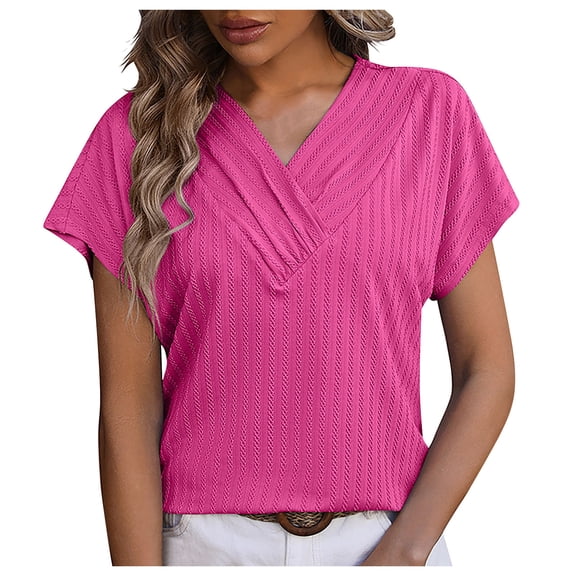 Scyoekwg Womens Short Sleeve Shirts V Neck Pleated Tshirt Lightweight Trendy Loose Solid Color Blouses (Hot Pink,L)