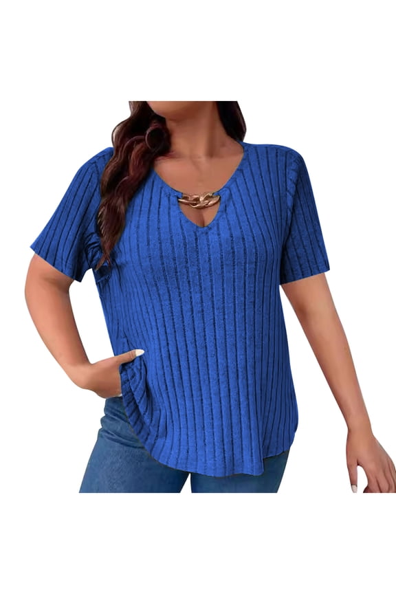 Womens Short Sleeve Shirts V Neck Plus Size Tunic Tshirt Loose Trendy Solid Color Lightweight Blouses (Blue,XL)