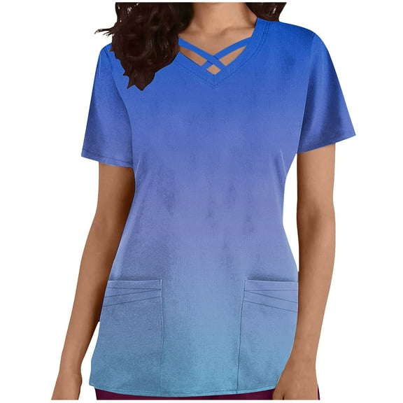Scyoekwg Womens Short Sleeve Shirts V-Neck Pocket Nursing Clothes Top Comfy Trendy Gradient Color Loose Lightweight Blouses (Blue,L)