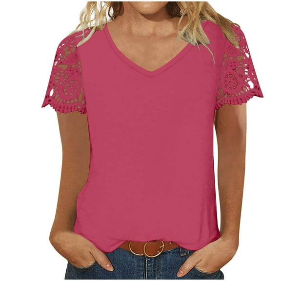 Scyoekwg Womens Short Sleeve Shirts V-neck Lace Patchwork Tshirt Lightweight Comfy Loose Trendy Solid Color Blouses (Hot Pink,XXL)