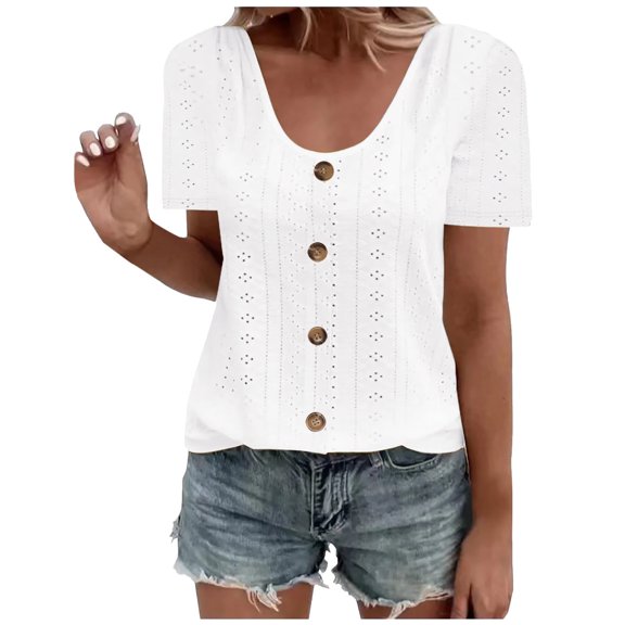 Scyoekwg Womens Short Sleeve Shirts Loose Casual Crewneck Button Eyelet Shirts Summer Ladies Tops Solid Color Comfy Blouses (White,XL)