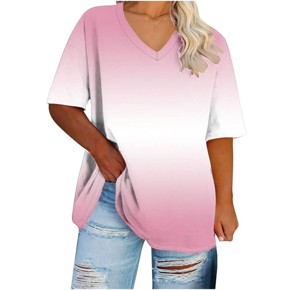 Scyoekwg Womens Short Sleeve Shirts Round Neck Oversized Tee Loose Lightweight Gradient Color Trendy Blouses (Pink,XL)