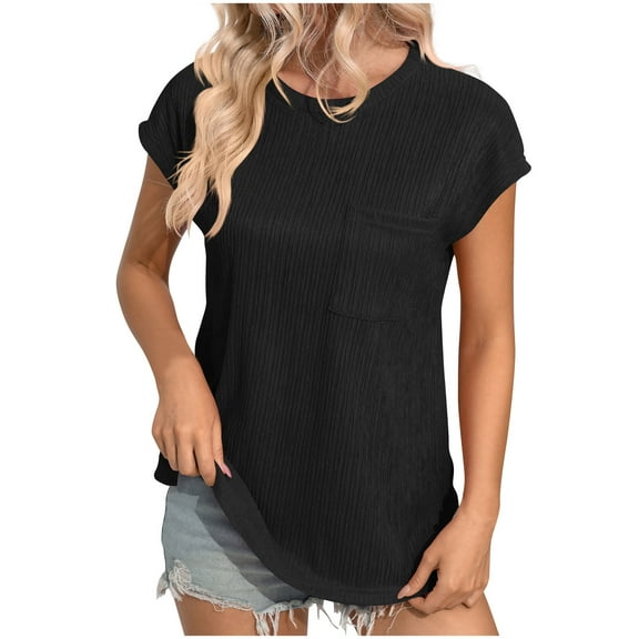 Scyoekwg Womens Short Sleeve Shirts Round Neck Tunic Tops Loose Lightweight Shirts Dressy Casual Blouses Trendy Solid Color Blouses (Black,XL)