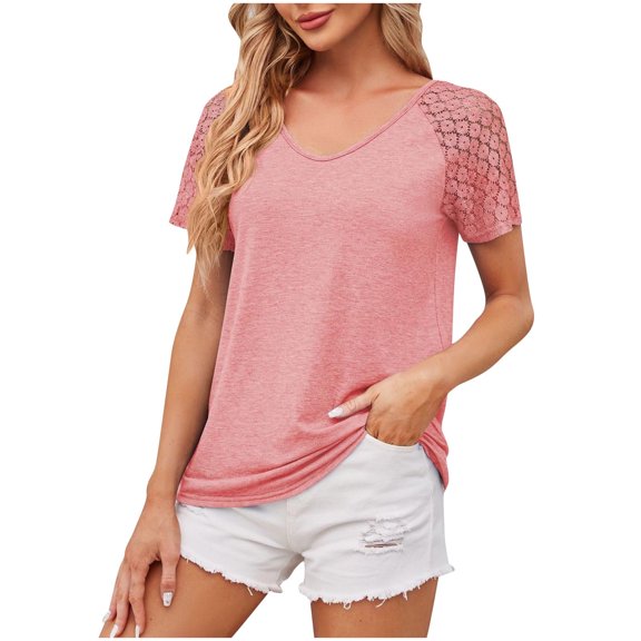 Scyoekwg Womens Short Sleeve Shirts Solid Color Loose Ladies Tops Summer Casual V-Neck Patchwork Mesh Shirts Comfy Blouses (Pink,XL)