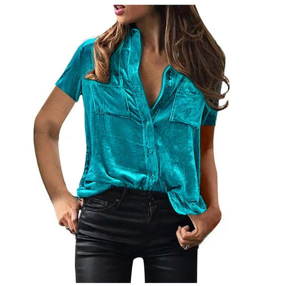 Scyoekwg Womens Short Sleeve Shirts Trendy Lapel Button Gold Velvet Tops Classic Solid Color Casual Loose Blouses Comfy Basic Tops With Pocket (Sky Blue,M)
