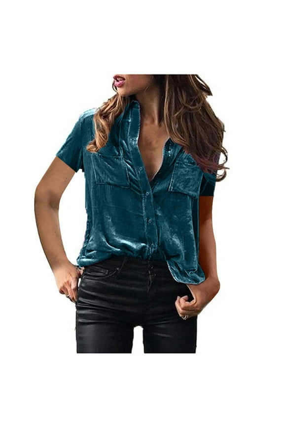 Womens Short Sleeve Shirts Trendy Lapel Button Gold Velvet Tops Classic Solid Color Casual Loose Blouses Comfy Basic Tops With Pocket (Blue,XXL)