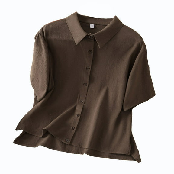 Scyoekwg Womens Short Sleeve Shirts Turndown Collar Button Shirt Shirts Solid Color Dressy Casual Blouses Loose Lightweight Trendy Blouses (Coffee,L)