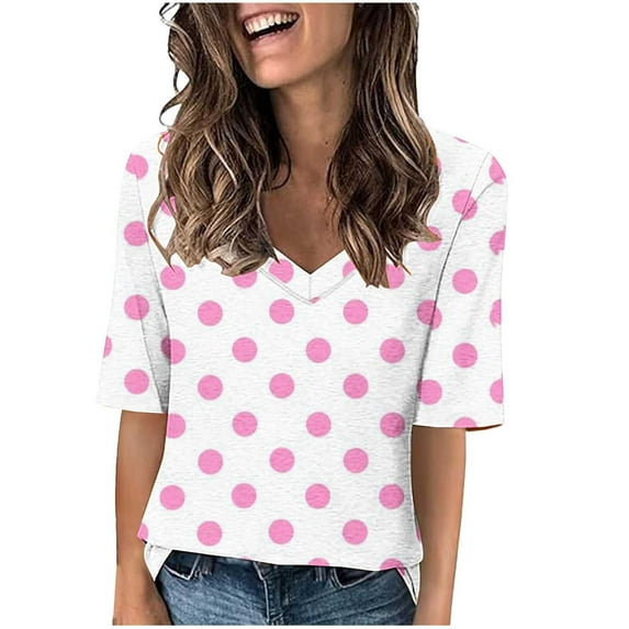 Scyoekwg Womens Short Sleeve Shirts V Neck Elegant Shirts Lightweight Loose Shirts Trendy Polka Dots Print Blouses (Pink,XL)