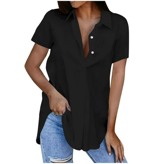 Scyoekwg Womens Short Sleeve T Shirts Button Turndown Neck Shirts Dressy Casual Blouses Trendy Shirts Solid Color Loose Lightweight Blouses (Black,XXL)