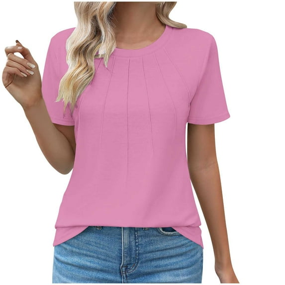 Scyoekwg Womens Short Sleeve T Shirts Round Neck Basic Tops Lightweight Trendy Loose Solid Color Blouses (Pink,XXL)