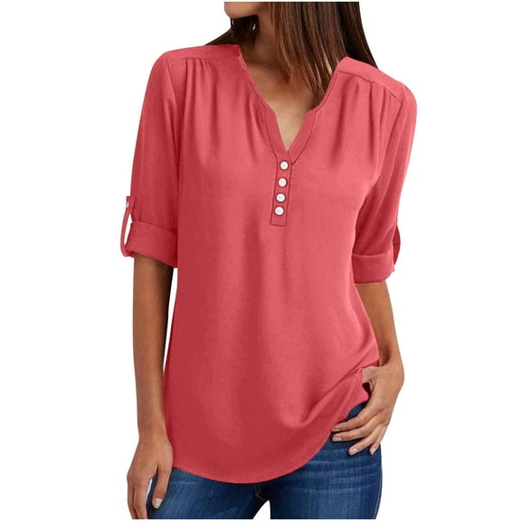 Scyoekwg Womens Short Sleeve T Shirts Summer Casual Dressy Button V Neck Roll Up Sleeve Tunic Tops Solid Color Loose Blouses (V01_Hot Pink,L)