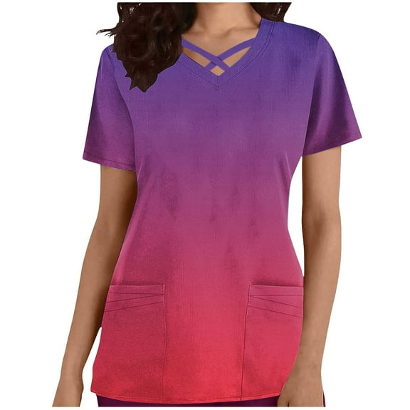 Scyoekwg Womens Short Sleeve T Shirts V-Neck Pocket Nursing Clothes Top Loose Lightweight Trendy Gradient Color Blouses (Purple,XL)