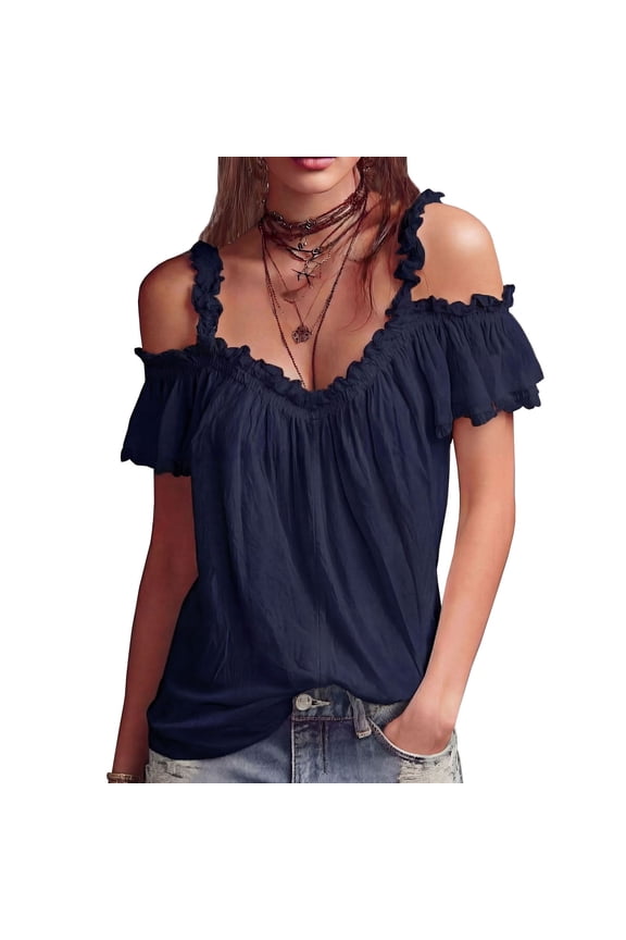 Womens Short Sleeve Tops Casual V Neck Ruffle Cold Shoulder Tops Pleated Elegant Shirts (Navy,S)