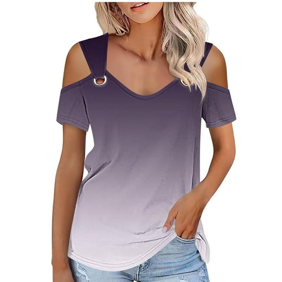 Scyoekwg Casual Tops for Women Short Sleeve Tops Loose Blouses Ladies Tops Gradient Color Graphic Tee V-Neck O Ring Cold Shoulder Tops Comfy Summer Blouses (Purple,XXL)