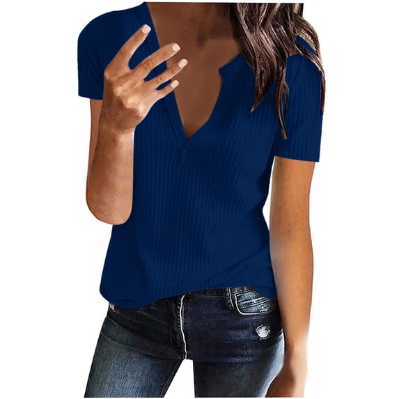 Scyoekwg Womens Short Sleeve Tops Trendy Plus Size V-Neck Basic Tops Classic Solid Color Going Out Tops Casual Loose Comfy Blouse Tunic Tops (Blue,XXXL)