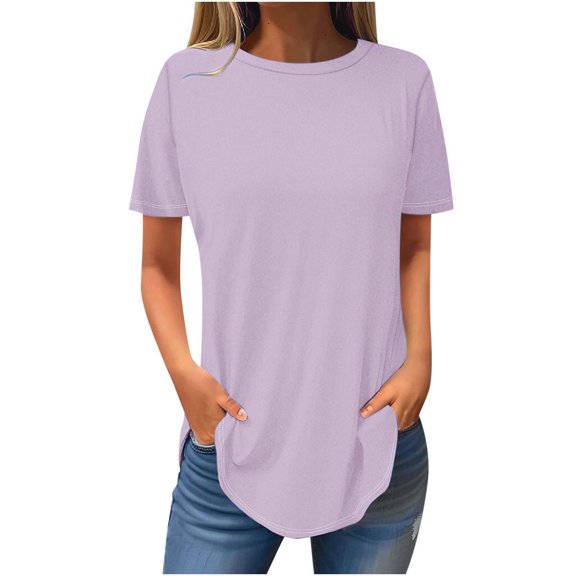 Scyoekwg Womens Short Sleeve Tops Trendy Round Neck Basic Dressy Tunic Shirts Lightweight Soft Comfy Summer Solid Color Loose Casual Blouses (Pink,L)