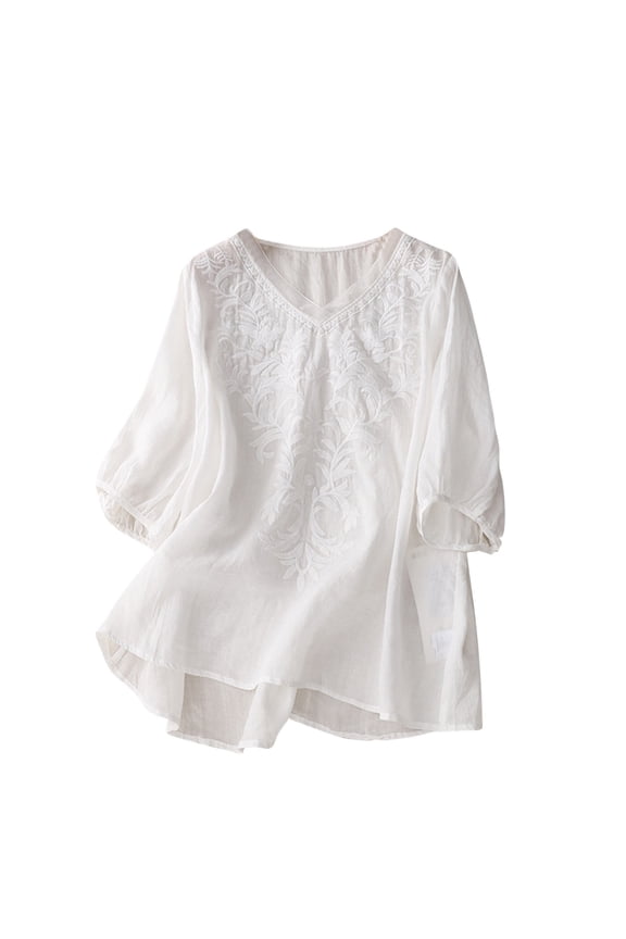 Womens Short Sleeve Tops Tshirt Classic Solid Color Casual Loose Comfy Blouse V-Neck Embroidered Cotton and Linen Tops Going Out Tops Blouses (White,XL)