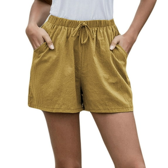 Scyoekwg Womens Shorts Clearance Summer Loose Drawstring Wide Leg Pants High Waist Straight Pants Casual Cotton Linen Shorts Yellow XXL (12)
