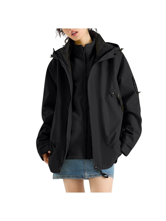 Womens Ski Jackets 3 in 1 Waterproof Rain Jackets Windbreaker Raincoat Snowboard Jacket for Rain Snow Outdoor Hiking (Black,XXL)