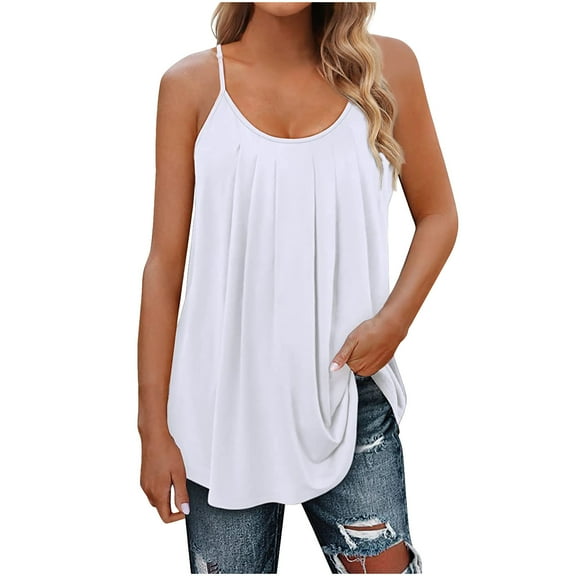 Scyoekwg Womens Sleeveless Tank Tops Camisole Causal Comfortable Loose Fit Crewneck Pleated Tank Tops Solid Color Tops Vest Summer White XL(10)