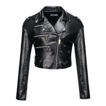 Scyoekwg Womens Slim Short Leather Jacket Long Sleeve Lapel Thickened Leather Jacket Fashion Motorcycle Coats (Black,M)