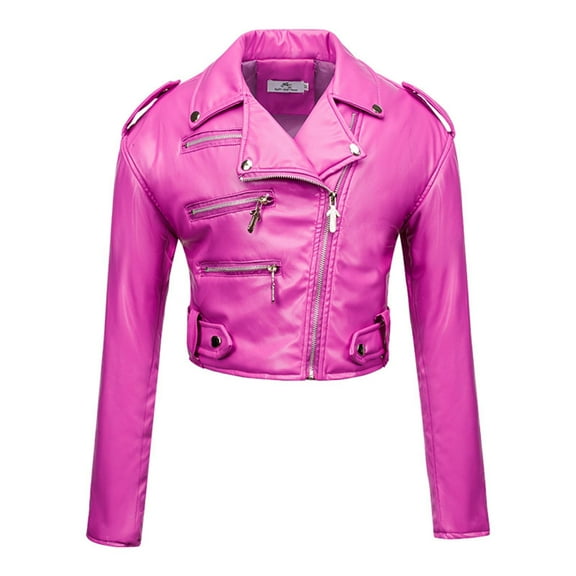 Scyoekwg Womens Slim Short Leather Jacket Long Sleeve Lapel Thickened Leather Jacket Fashion Motorcycle Coats (Hot Pink,L)