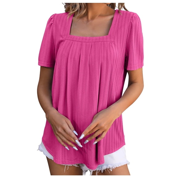 Scyoekwg Womens Square Collar Elegant Pleated Tunic Shirts Summer Short Sleeve T Shirts Casual Loose Blouses Ladies Tops Trendy Solid Color Tshirt (Hot Pink,XL)