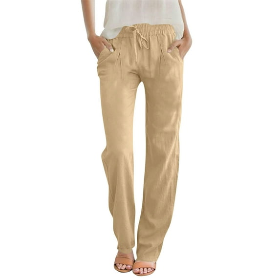 Scyoekwg Womens Straight Leg Pants Loose Solid Color Casual Cotton Linen Elastic Waist Drawstring Ruched Straight Wide Leg Pant Ladies Sweatpants Comfy Trousers Khaki,L