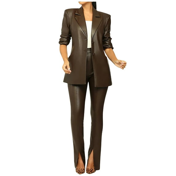 Scyoekwg Womens Suits Blazer and Pants Business Office Work 2 Piece Sets Long Sleeve Coat Suit Pants Matching Outfits Fashion Two Piece Set Casual Outfits Sets (Coffee,M)