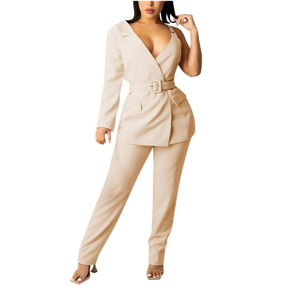 Scyoekwg Womens Suits Blazer and Pants Buckle Single Suit Long Sleeve Tops Suit Pants 2 Fashion Matching Outfits Casual Outfits Sets (Beige,S)