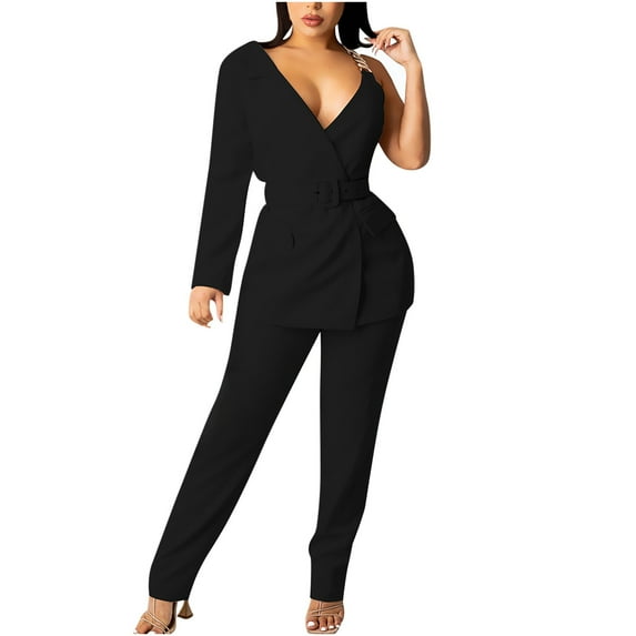 Scyoekwg Womens Suits Blazer and Pants Buckle Single Suit Long Sleeve Tops Suit Pants 2 Fashion Matching Outfits Casual Outfits Sets (Black,XL)