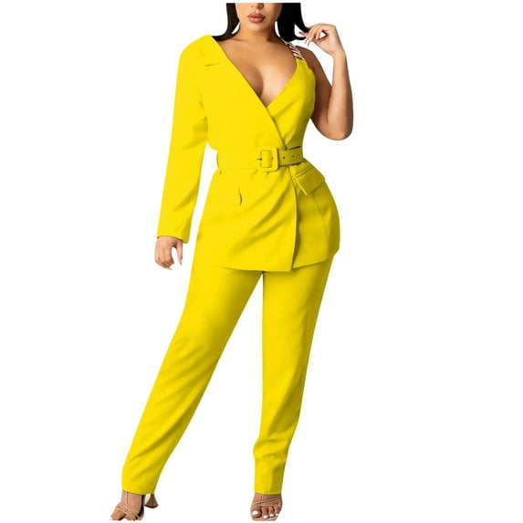 Scyoekwg Womens Suits Blazer and Pants Buckle Single Suit Long Sleeve Tops Suit Pants 2 Fashion Matching Outfits Casual Outfits Sets (Yellow,XL)