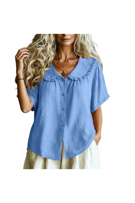 Womens Summer Blouses Peter Pan Collar Short Sleeve Cotton Linen Shirts Casual Ruffle Button Down Solid Color Tops for Spring (Light Blue,XL)