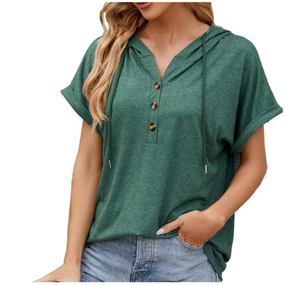 Scyoekwg Womens Summer Short Sleeve Tops Button Hooded Tops Lightweight Comfy Loose Solid Color Trendy Blouses (Green,L)