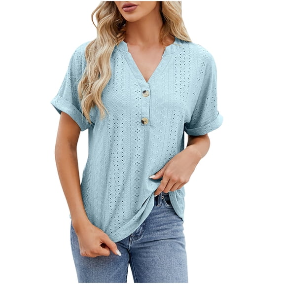 Scyoekwg Womens Summer Short Sleeve Tops Button V Neck Eyelet Shirts Loose Lightweight Solid Color Trendy Blouses (Light Blue,L)