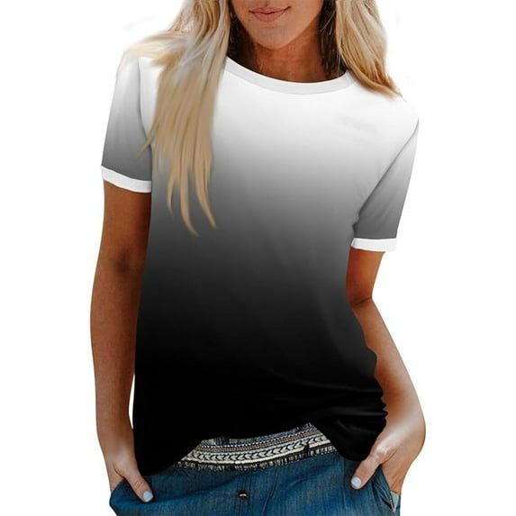 Scyoekwg Womens Summer Short Sleeve Tops Round Neck Basic Tops Lightweight Loose Trendy Gradient Color Blouses (Black,XL)