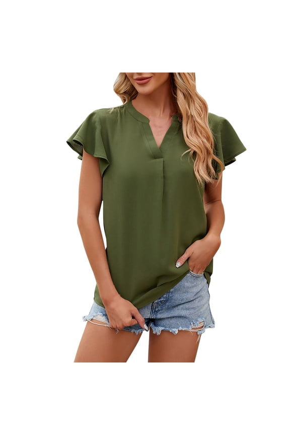 Womens Summer Short Sleeve Tops V Neck Elegant Shirts Dressy Casual Blouses Trendy Solid Color Loose Lightweight Blouses (Army Green,L)