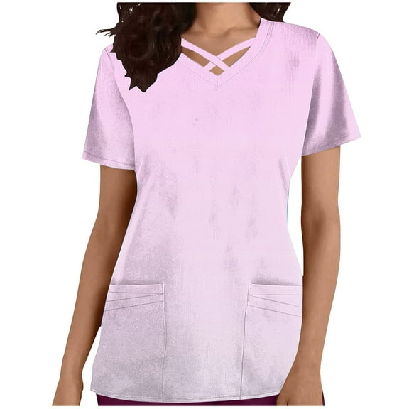 Scyoekwg Womens Summer Short Sleeve Tops V-Neck Pocket Nursing Clothes Top Comfy Trendy Gradient Color Loose Lightweight Blouses (Pink,XL)