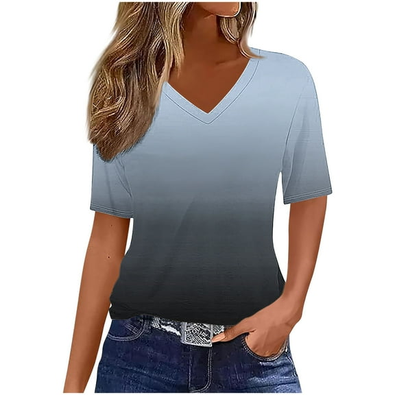 Scyoekwg Womens Summer Tops 2025 V Neck Short Sleeve Shirts Trendy Dressy Casual Blouses Cute Print Vacation Outfits (Gray,XXXL）