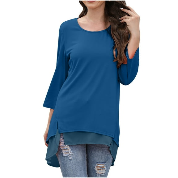 Scyoekwg Womens Summer Tops 3/4 Sleeve Cewneck Double Layers Hem 3/4 Sleeve Shirt Lightweight Solid Color Fall Clothes Casual Loose Vintage Blouses (Blue,L)