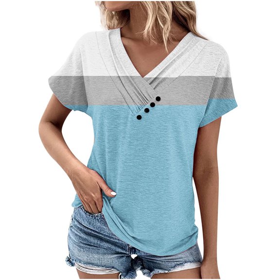Scyoekwg Womens Summer Tops Button V Neck Tshirt Lightweight Loose Trendy Color Block Patchwork Blouses (Light Blue,L)