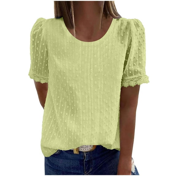Scyoekwg Womens Summer Tops,Chiffon Tops for Women Crew Neck Lace Splice Dots Shirts Dressy Casual Solid Color Going Out Clothes (Yellow,XXL)