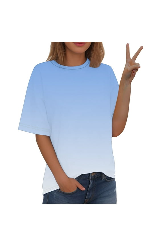 Womens Summer Tops Round Neck Basic Tops Lightweight Loose Trendy Gradient Color Shirts Blouses (Light Blue,XXXL)